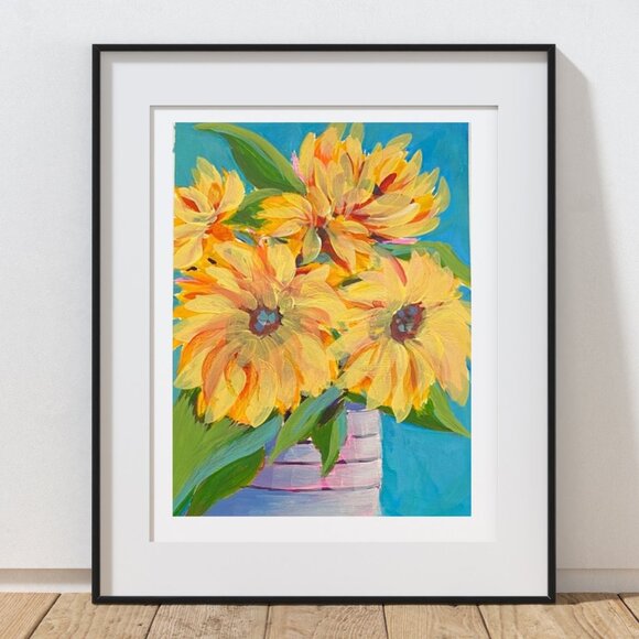 Artisan Other - Original Floral Acrylic Painting Golden Sunflower Celebration